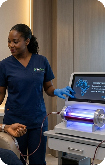 Patient sitting next to EBOO equipment unit